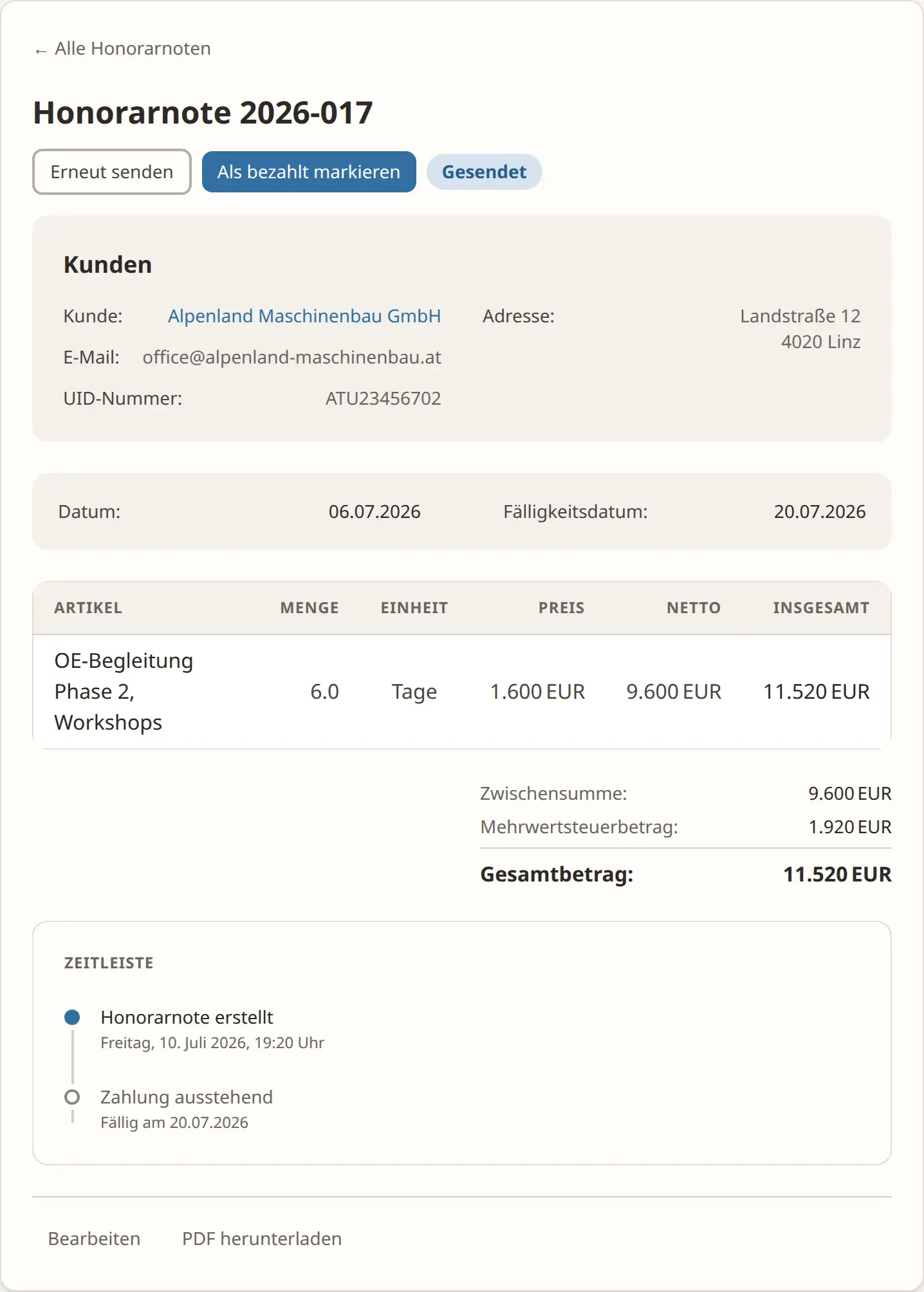 Detailansicht einer Honorarnote in getHonorar mit Status und Aktionen zum Senden und Bezahlt-Markieren