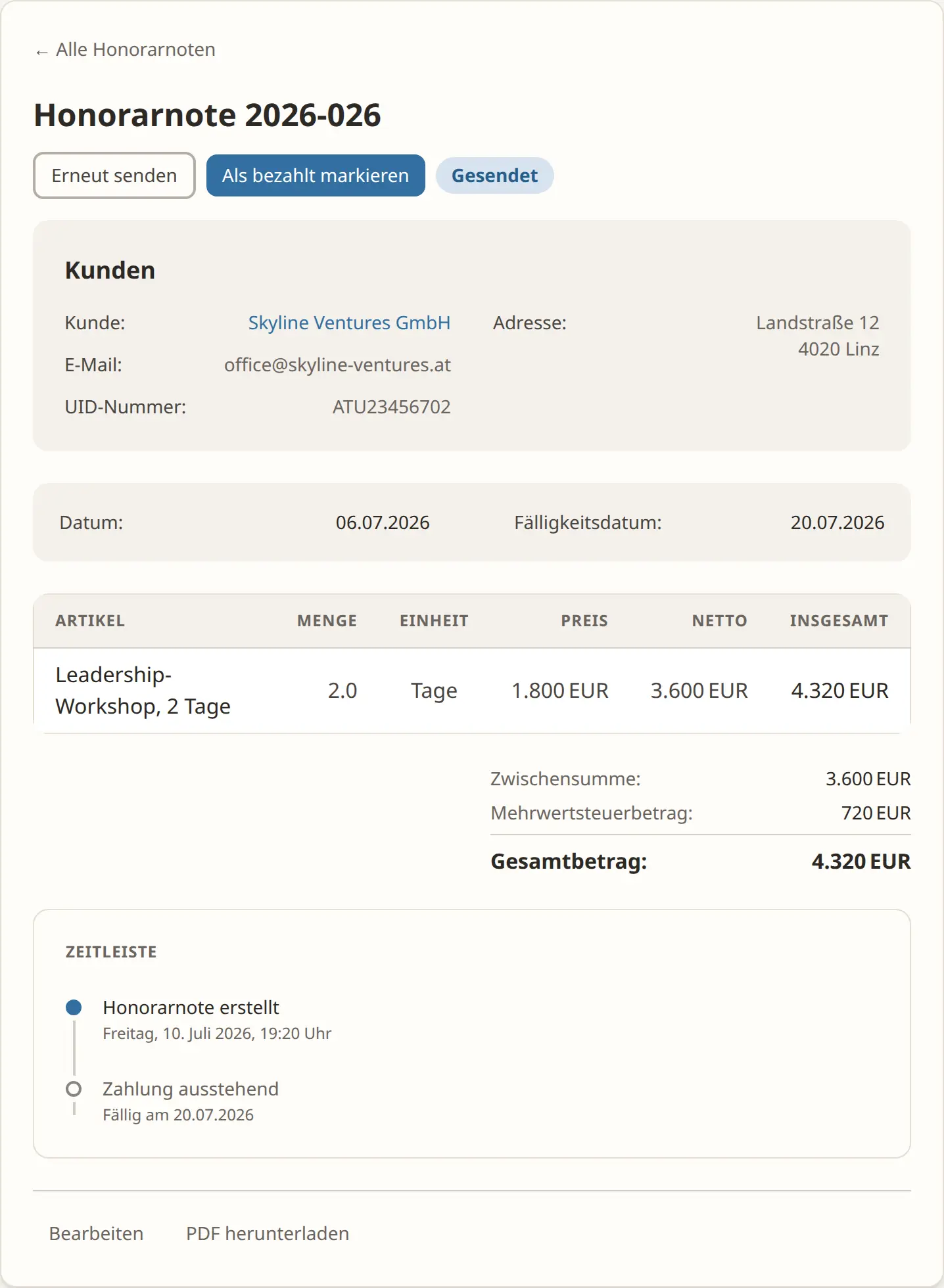 Detailansicht einer Honorarnote in getHonorar mit Status und Aktionen zum Senden und Bezahlt-Markieren