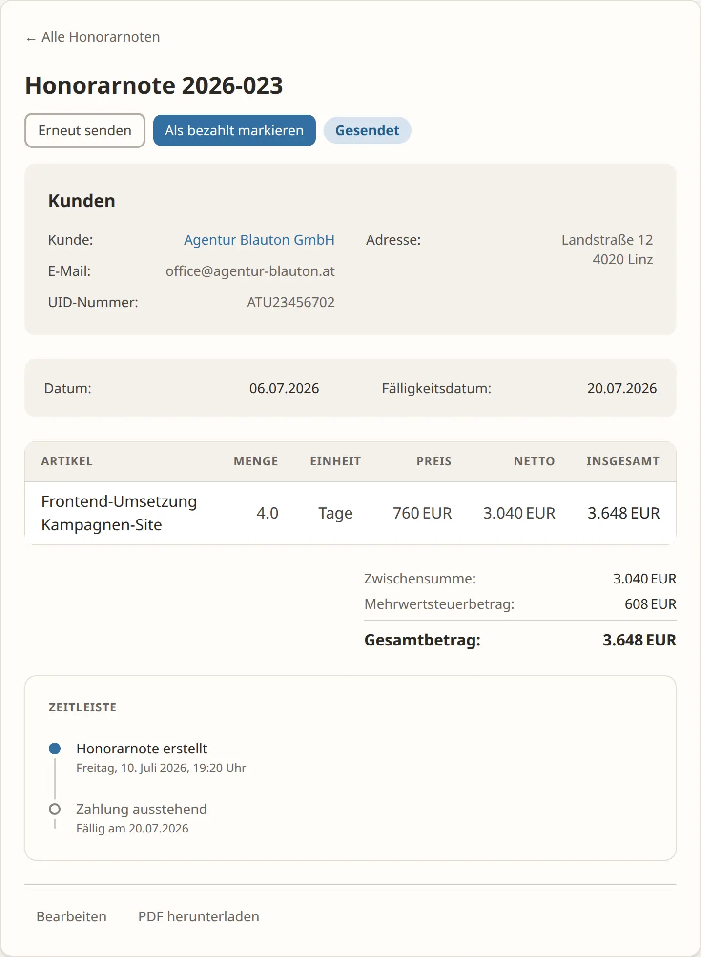 Detailansicht einer Honorarnote in getHonorar mit Status und Aktionen zum Senden und Bezahlt-Markieren