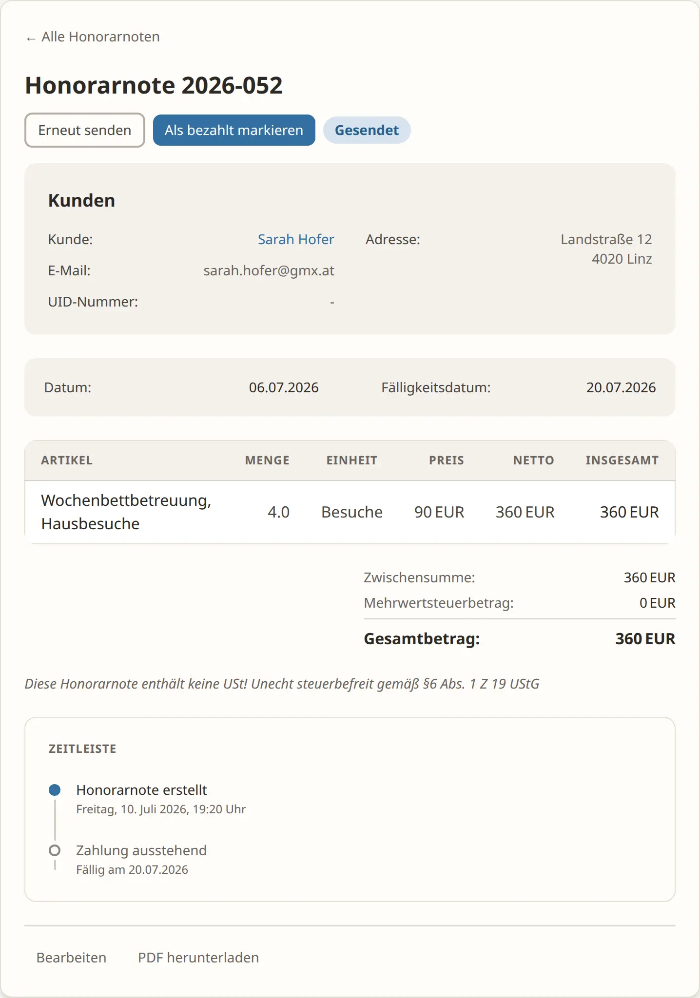 Detailansicht einer Honorarnote in getHonorar mit Status und Aktionen zum Senden und Bezahlt-Markieren