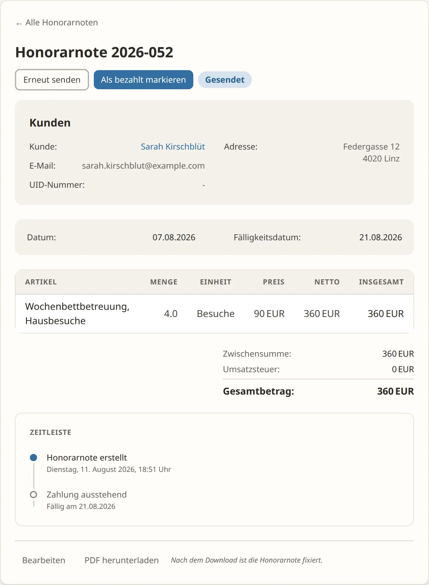 Detailansicht einer Honorarnote in getHonorar mit Status und Aktionen zum Senden und Bezahlt-Markieren