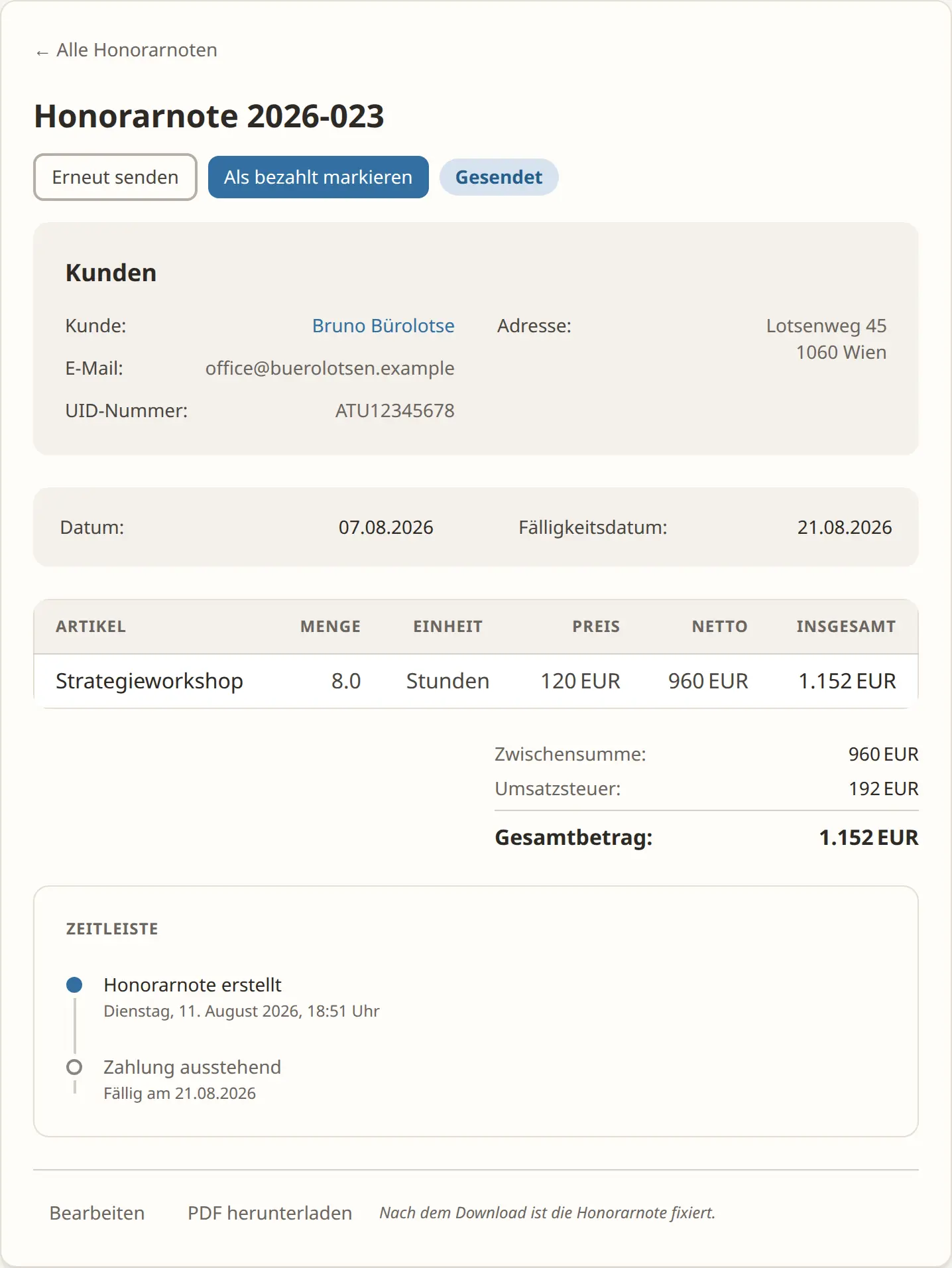 Invoice detail page in getHonorar with status and actions to send and mark as paid