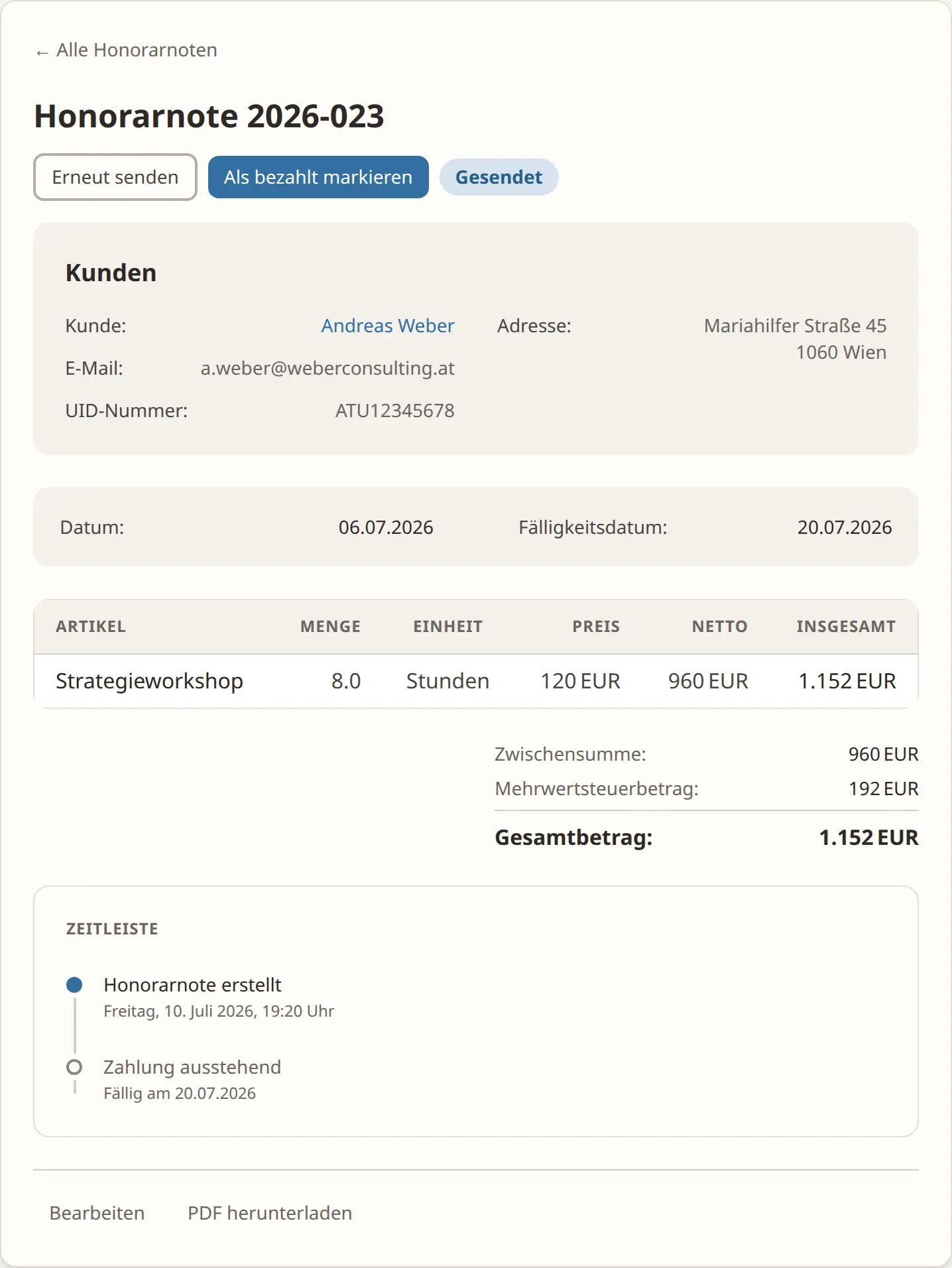 Detailansicht einer Honorarnote in getHonorar mit Status und Aktionen zum Senden und Bezahlt-Markieren
