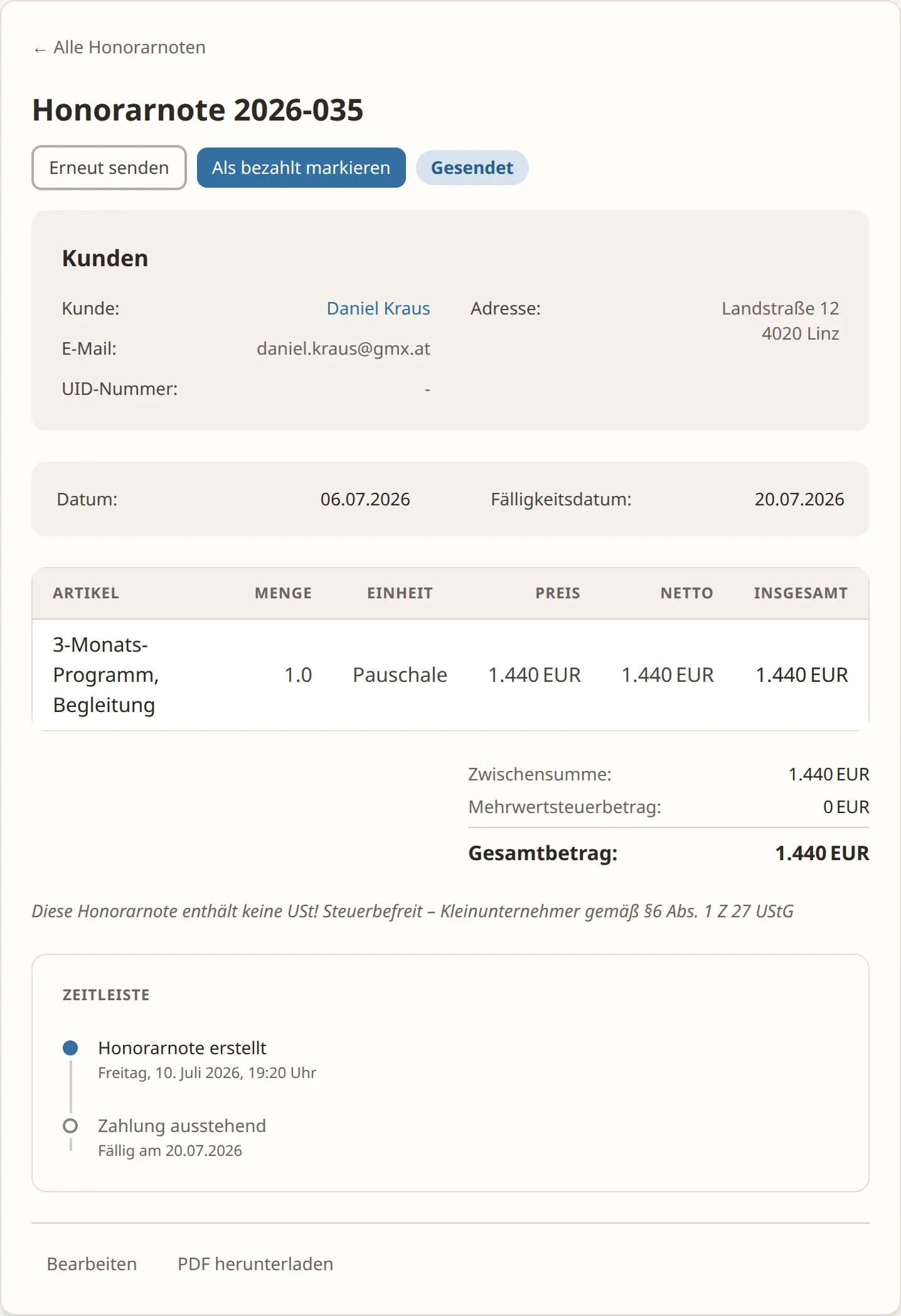 Detailansicht einer Honorarnote in getHonorar mit Status und Aktionen zum Senden und Bezahlt-Markieren