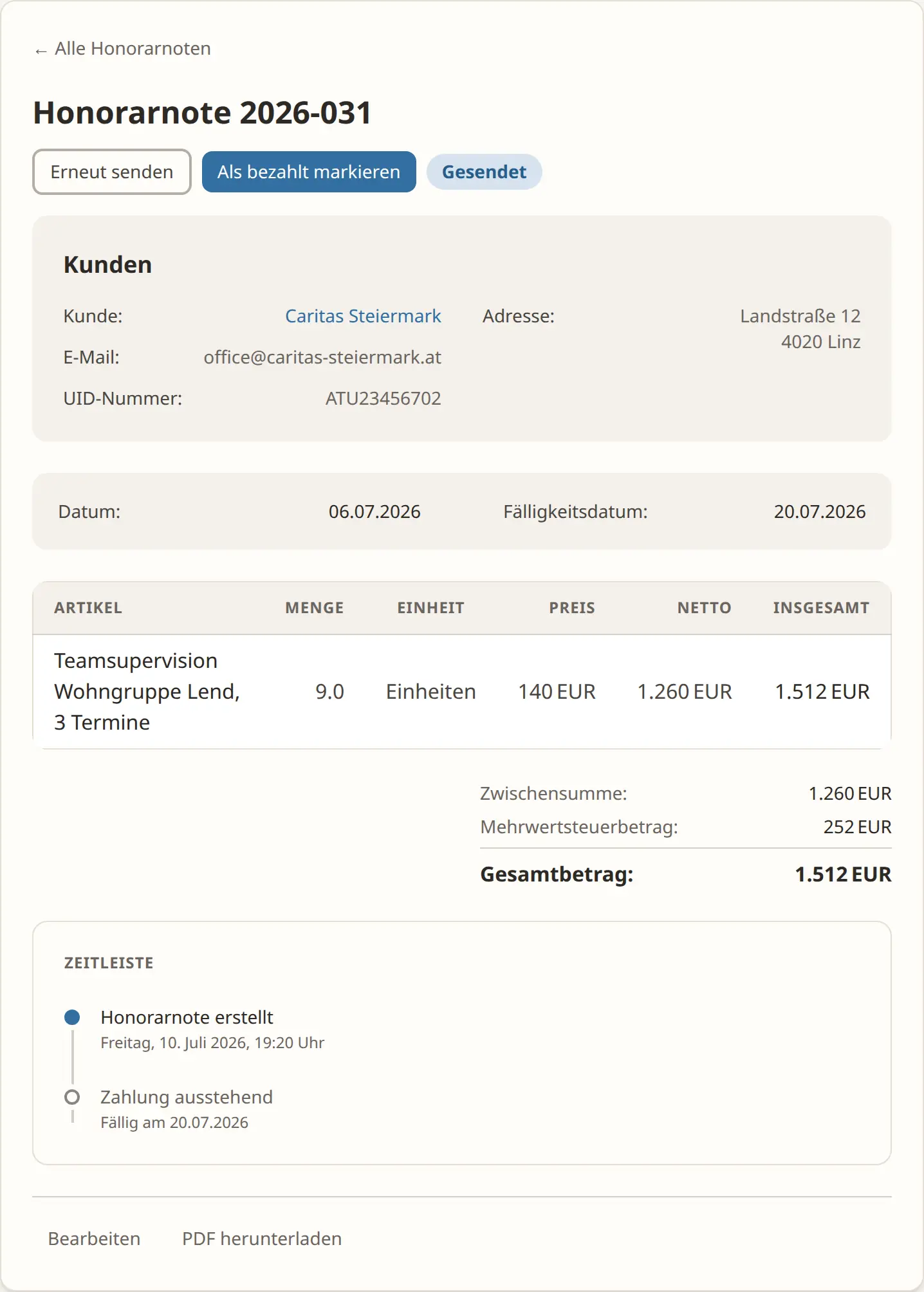 Detailansicht einer Honorarnote in getHonorar mit Status und Aktionen zum Senden und Bezahlt-Markieren
