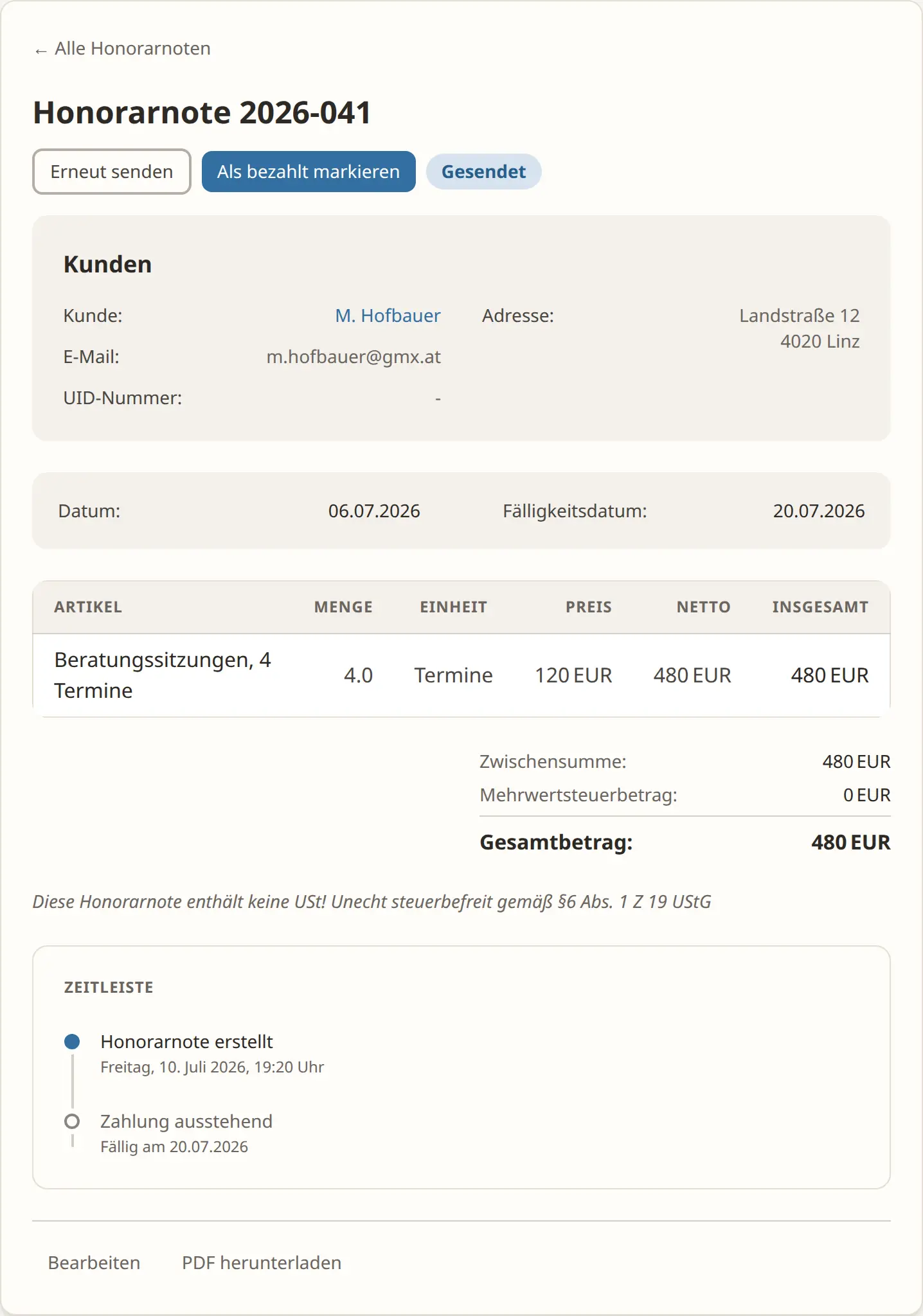 Detailansicht einer Honorarnote in getHonorar mit Status und Aktionen zum Senden und Bezahlt-Markieren